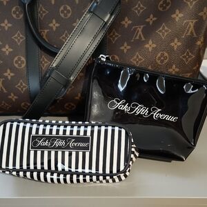 Saks Fifth Avenue Glossy Black and White Striped Cosmetic Set